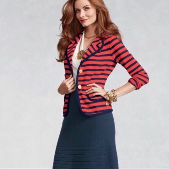 Cabi Nautical Coral and Navy Striped Blazer Jacket - Picture 2 of 7